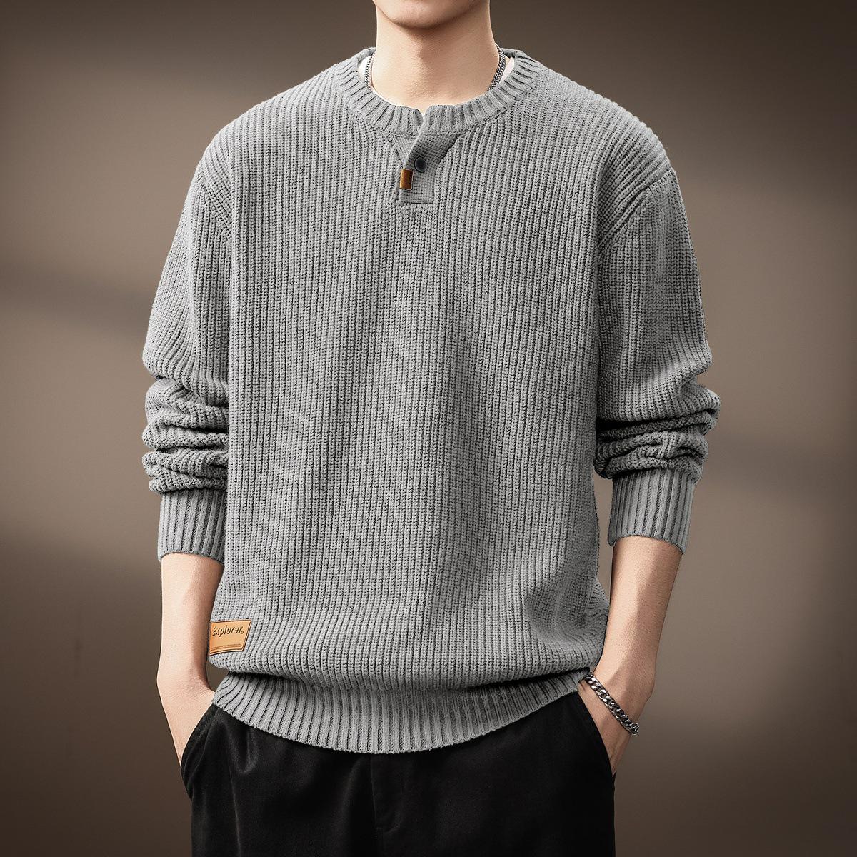 Men s High-End Retro Henley Sweater: Thick, Warm, Loose-Fit Vertical Stripe Knitwear for Autumn/Winter 3XL (180-200 jin)