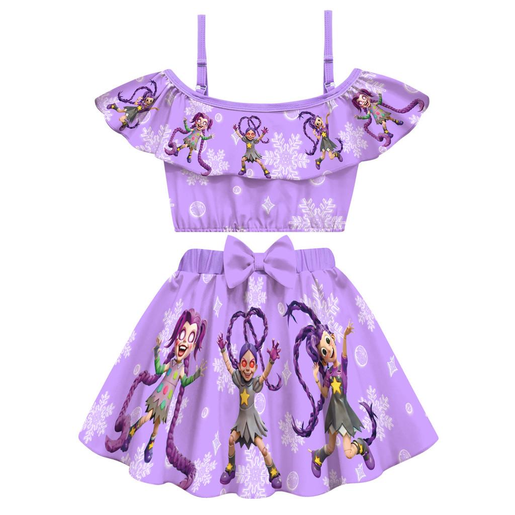 20858 Kids Girls Lily Lovebraids Cartoon Print Ruffle Swimsuit Swimwear Top Skirt Sets 100cm