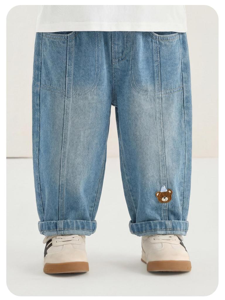Kaka Panda Kids' Spring Jeans: Trendy Long Pants for Boys & Girls, Ideal for Toddlers in Spring & Autumn.