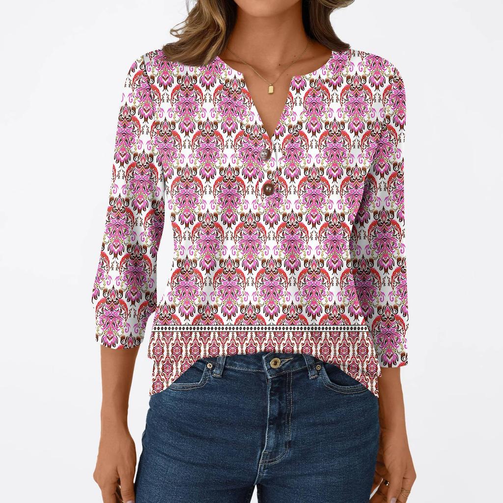 T-shirt Manches 3/4 Décontracté Mode Femme Imprimés Col V Boutonné