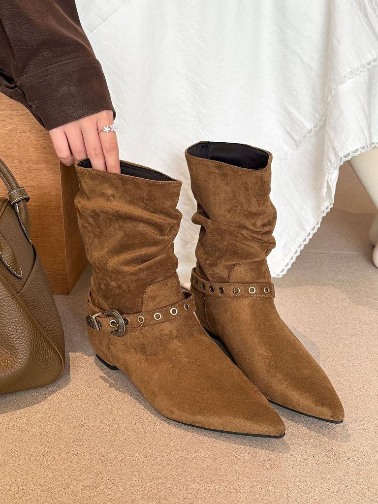 Retro Thick Heel Two Wear Pointed Knight Boots Women's 2025 Autumn and Winter New Suede Belt Buckle Versatile and Thin Boots