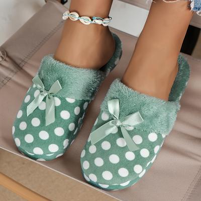 Pantoufles douces et chaudes pour femmes, doublées en peluche, avec un joli motif à pois et un nœud, semelle souple, chaussures d'intérieur confortables pour l'hiver, vert menthe, pantoufles de maison