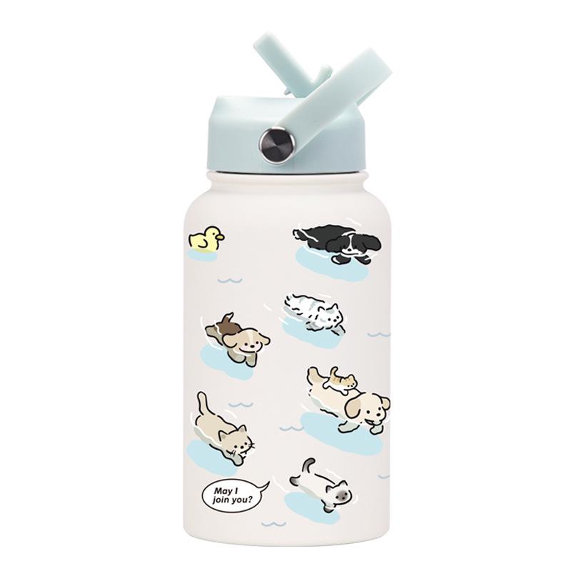 650Ml Sports Kettle Portable Handle Straw Water Cup Stainless Steel Beauty Mouth Printed Cup