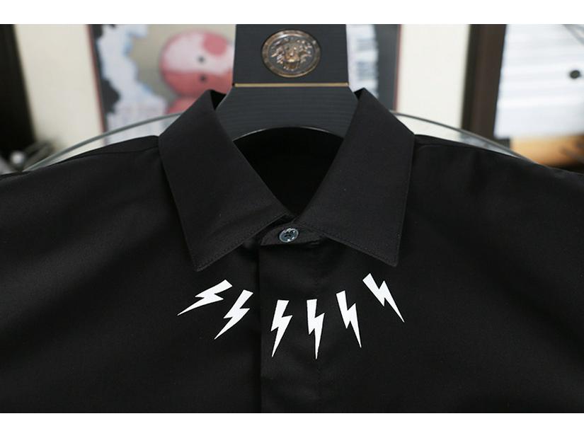 Men's Fashionable Slim-Fit Long-Sleeve Shirt with Small Lightning Prints, Available In Black & White, Large Sizes.