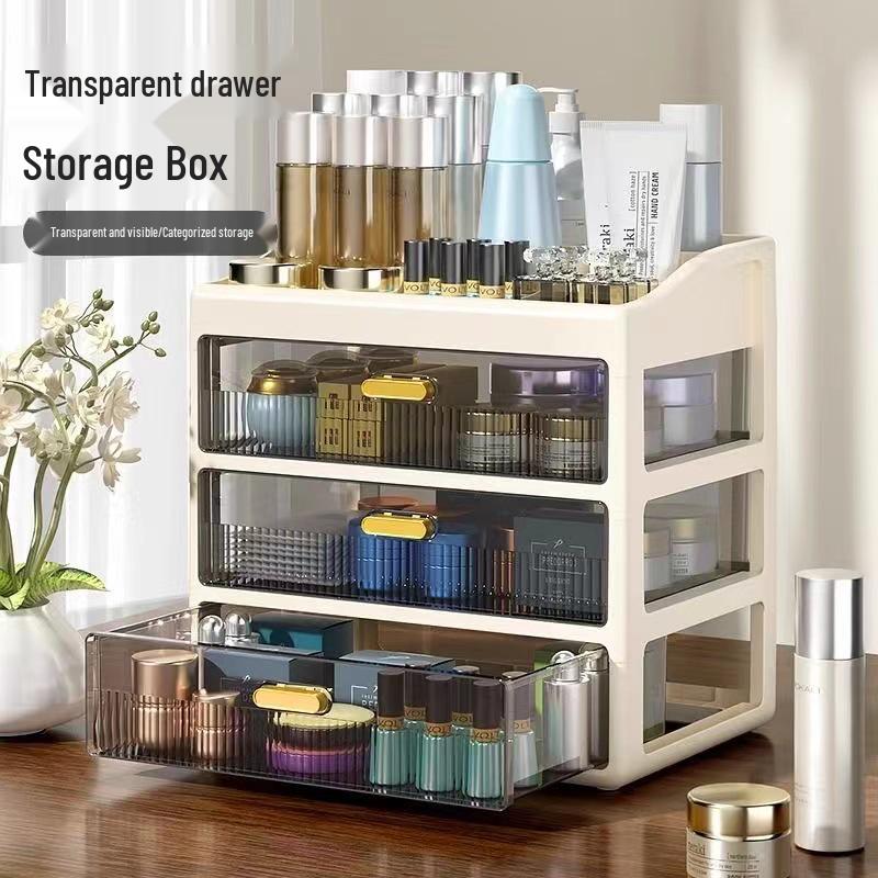 Transparent Large Capacity Cosmetic Storage Box with Drawers for Makeup, Jewelry, and Masks