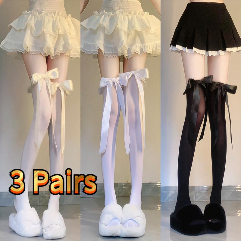 3 Pairs Women's Summer Thin Velvet Bowknot Ribbon JK Thigh High Stockings Sweet Lolita Princess Style Sheer Overknee Socks