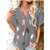 Women Casual Notched  Lapel Feather Print Short-sleeved Blouse Top