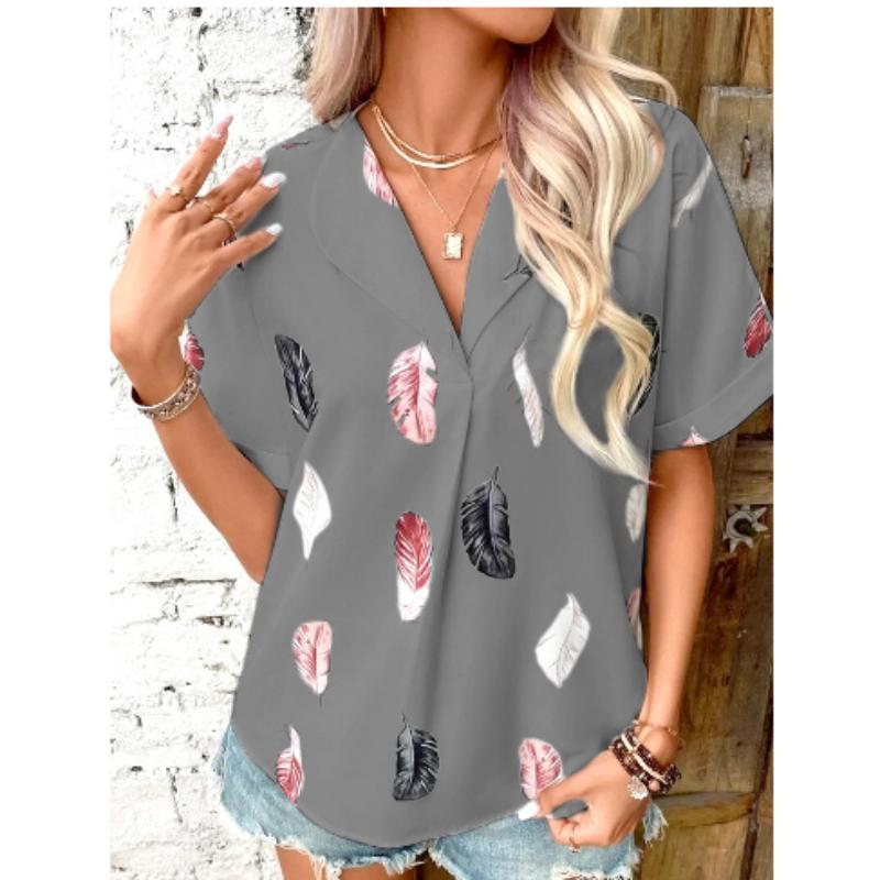 Women Casual Notched  Lapel Feather Print Short-sleeved Blouse Top