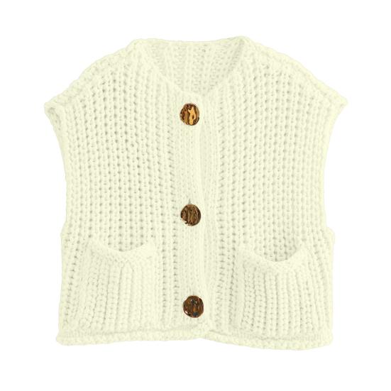 Women Sweater Vest V-neck Sleeveless Button Down Cardigan with Pockets Solid Color Loose Fit Crochet Knit Tops
