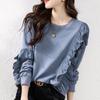 Autumn Casual Loose Design Splicing Chiffon Ruffle Edge Haze Blue Long Sleeved Round Neck Sweatshirt for Women