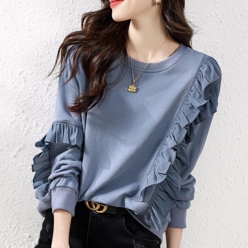 Autumn Casual Loose Design Splicing Chiffon Ruffle Edge Haze Blue Long Sleeved Round Neck Sweatshirt for Women