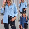 Women's Winter Vintage Classic Wide Long Sleeve Thin Loose Pocket Denim Shirt Coat