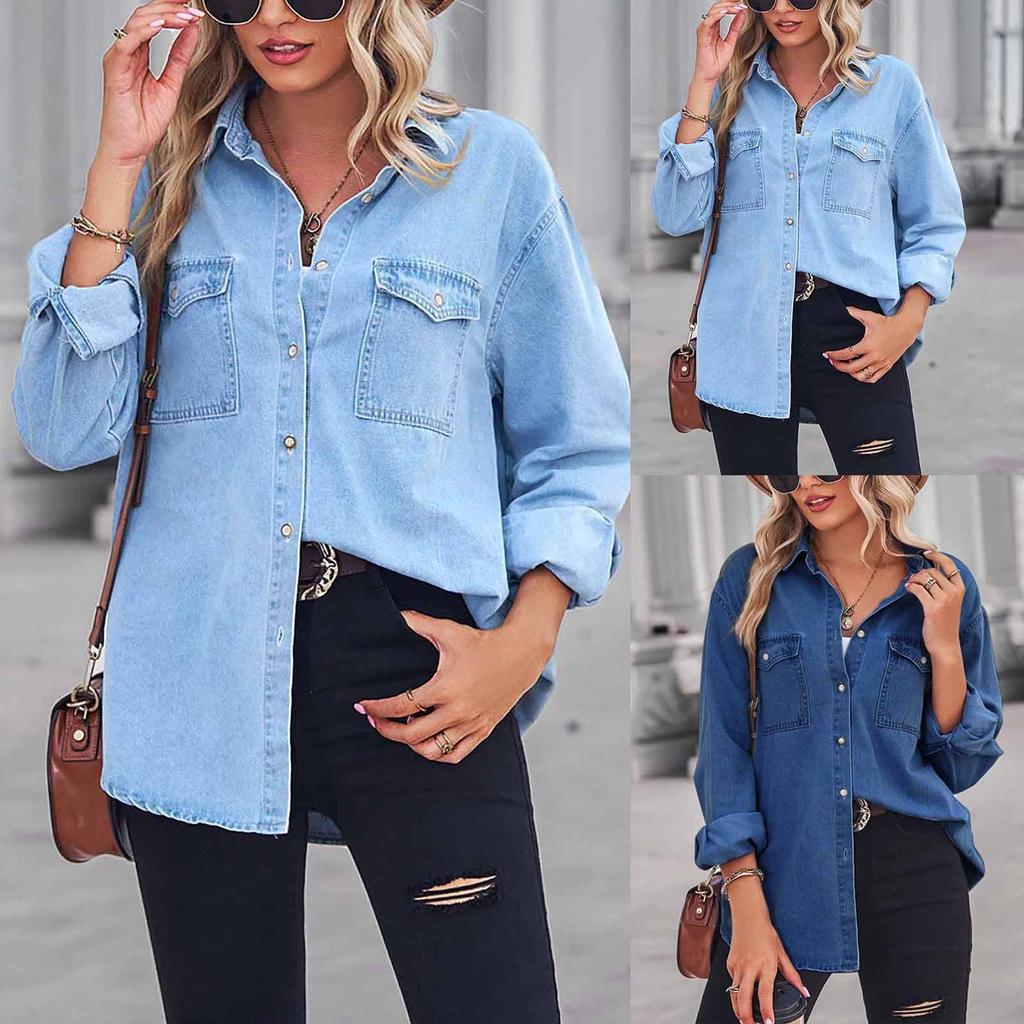 Women's Winter Vintage Classic Wide Long Sleeve Thin Loose Pocket Denim Shirt Coat