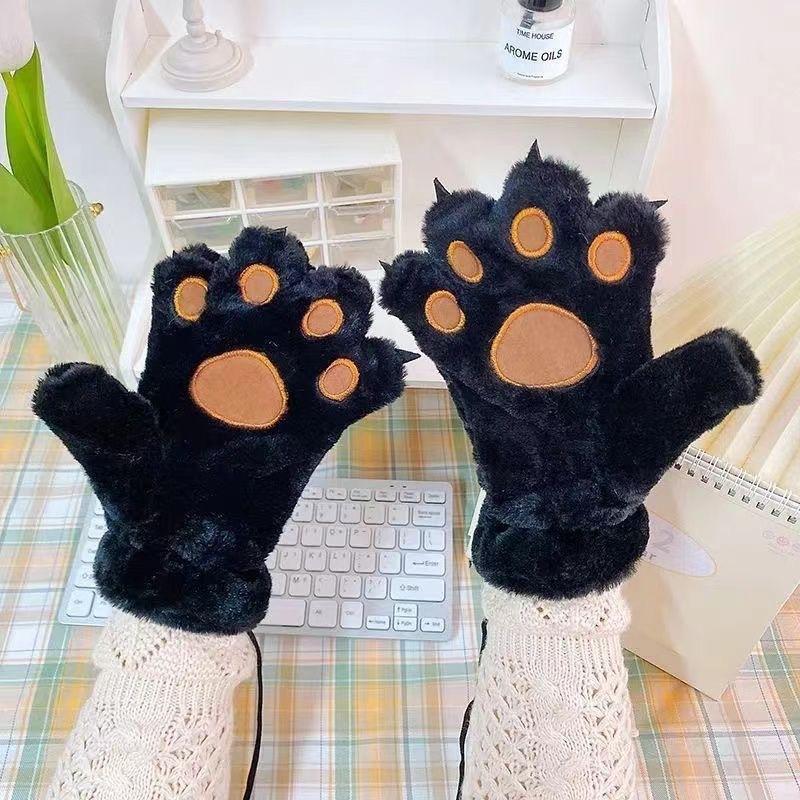 Cute Bear Claw Animal Plush Gloves for Women's Winter Thick Cartoon Full Finger Anti Loss Warm Gloves Soft Hair Student Gloves
