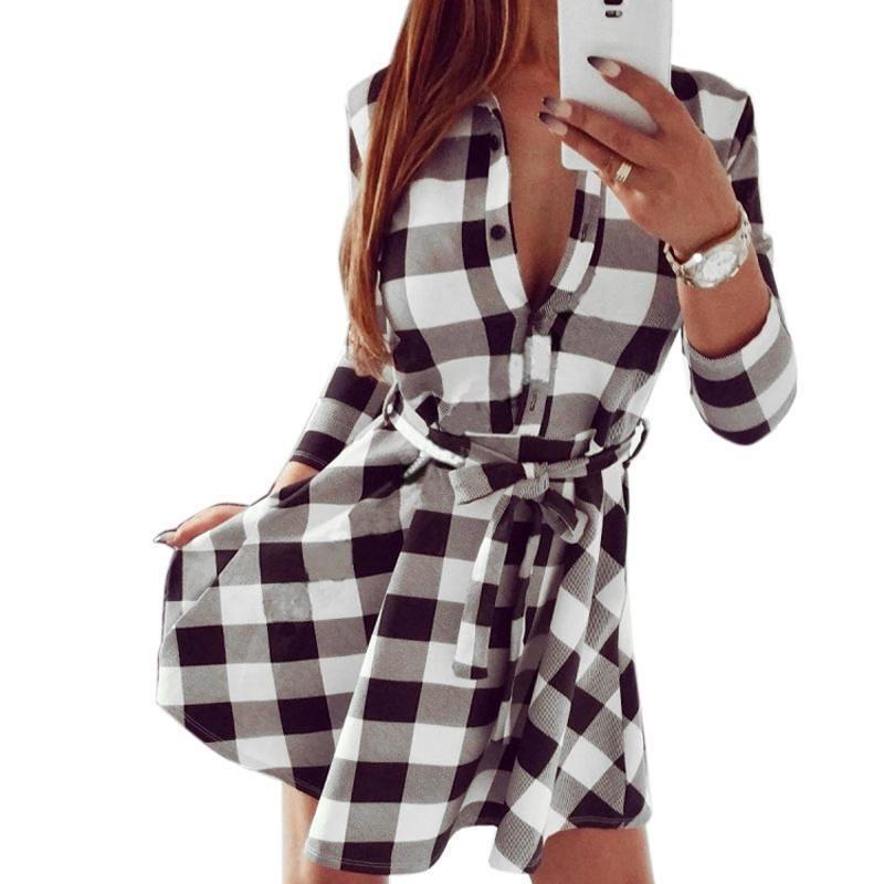 Elegante Camisa de Moda a Cuadros para Mujer con Cordones y Cuello de Encaje Vestido Ajustado para un Estilo Casual Chic