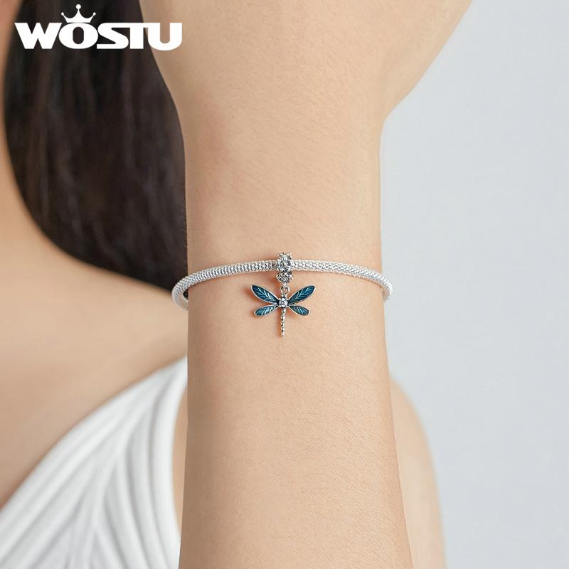 WOSTU 2021 925 Sterling Silver Flower Gorgeous Dragonfly Insect Pendant Charm Beads Fit Original Bracelet DIY Jewelry CTC521