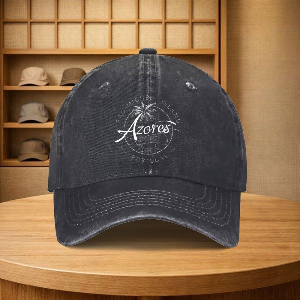 Vintage Azores Palm Tree Ocean Wave Pattern Unisex Adjustable Snapback Baseball Cap