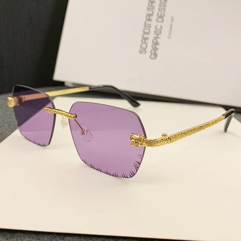 Cheetah Frameless Retro Square Leopard Head Metal Sunglasses for Women with Starry Design