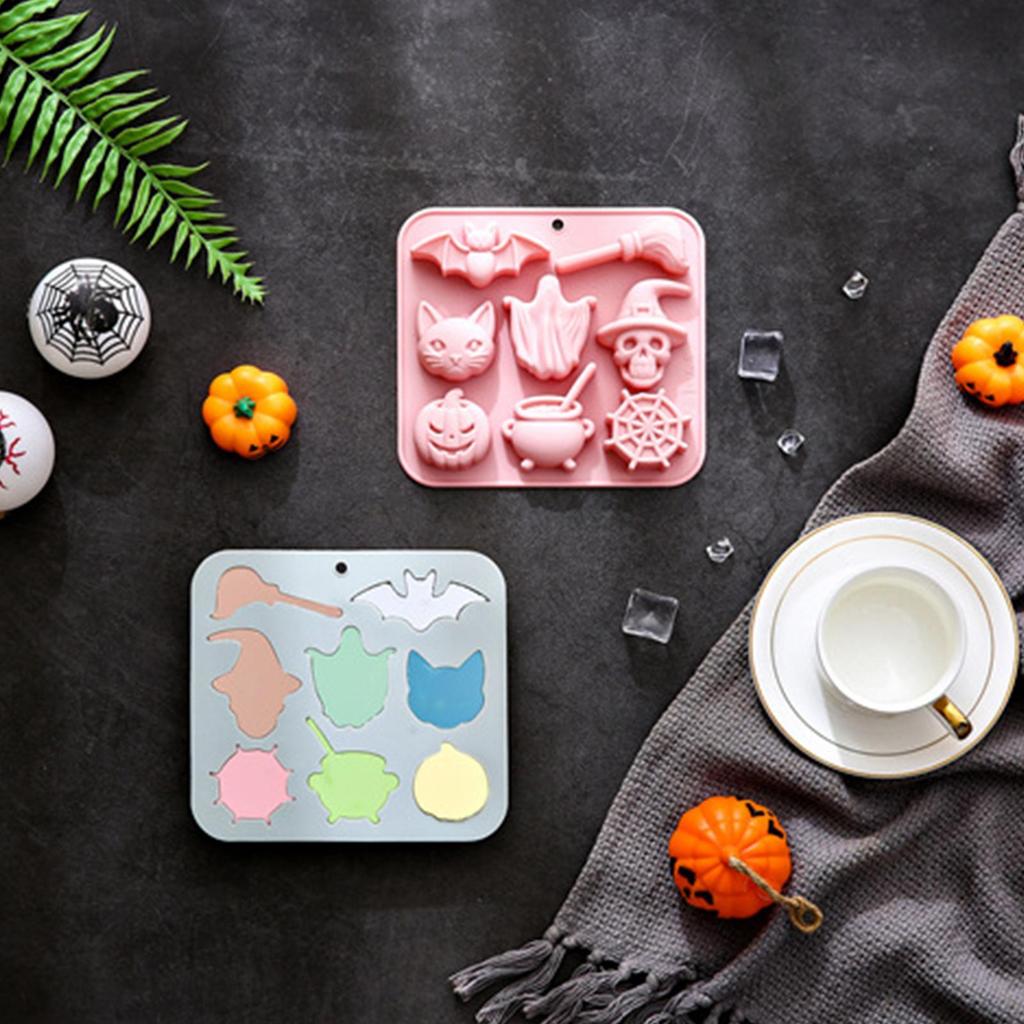 2 Pieces Halloween Theme Silicone Molds Set Cat, Bat, Ghost, Skeleton, Pumpkin, Big Pot, Spider Net Patterns Homemade Cake Mold