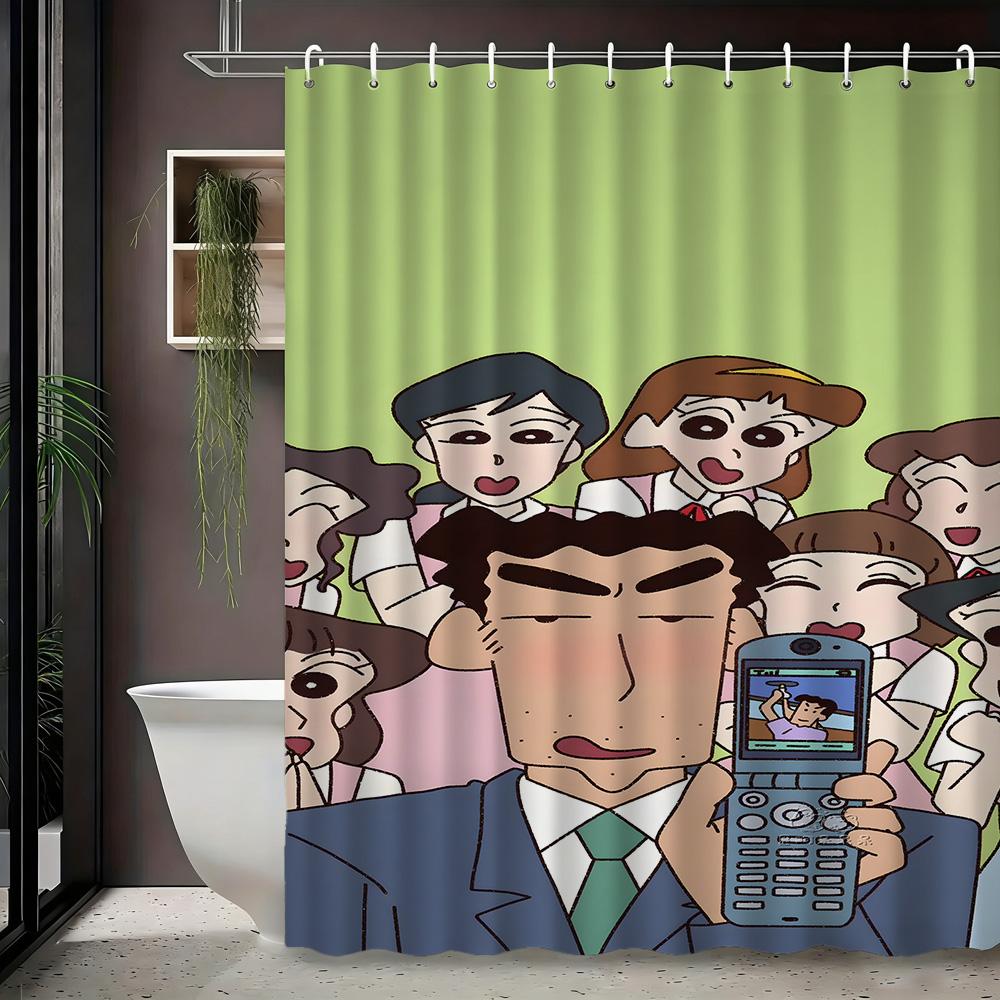 Crayon Shin-chan & Friends with Shiro 2D Print Waterproof Shower Curtain, Green Anime Bathroom Decor with Hooks
