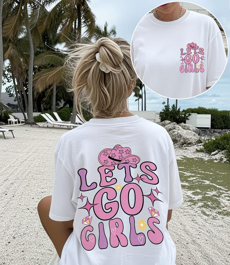 Lets Go Girls Graphic T Shirt Pink Cowboy Hat Aesthetic Tops Women Trendy Back Print Casual Loose Short Sleeve Summer Tee