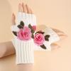 Half Finger Winter Wool Gloves Vintage Crochet Flower Mittens Embroidery Knitted Gloves  Outdoor