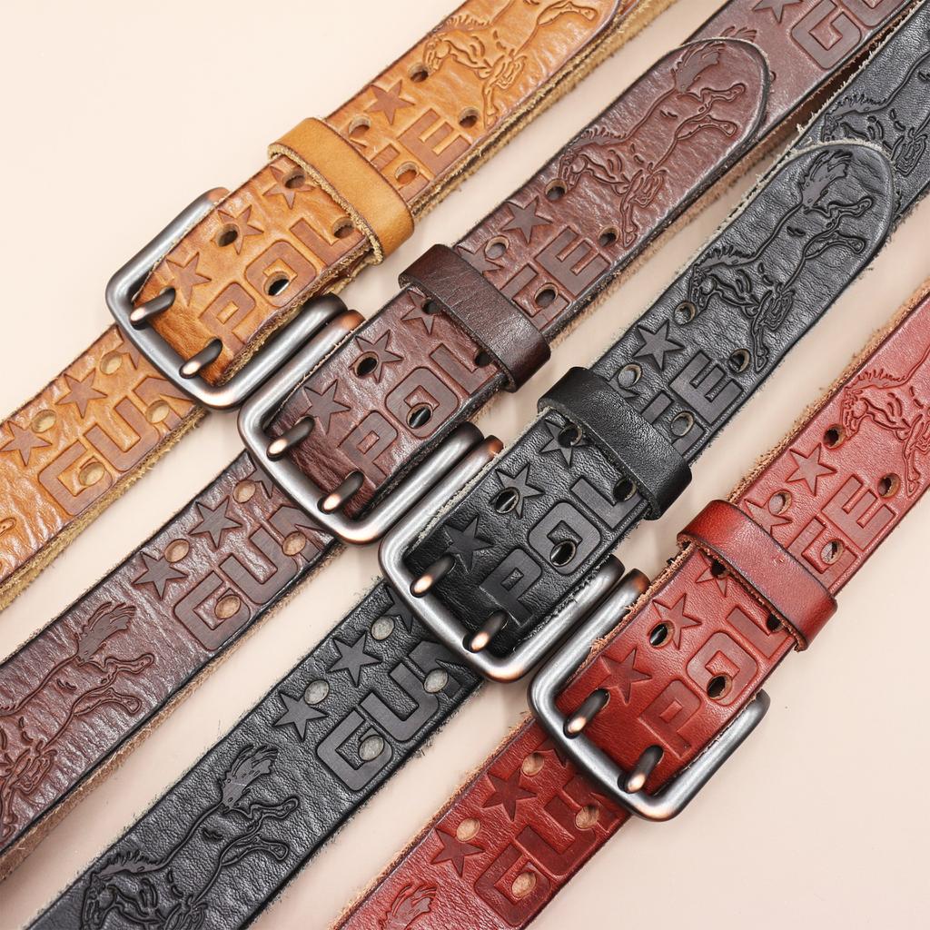 Men's Belt Genuine Leather Belt Double-pin Buckle Layer Cowhide Retro Youth Belt
