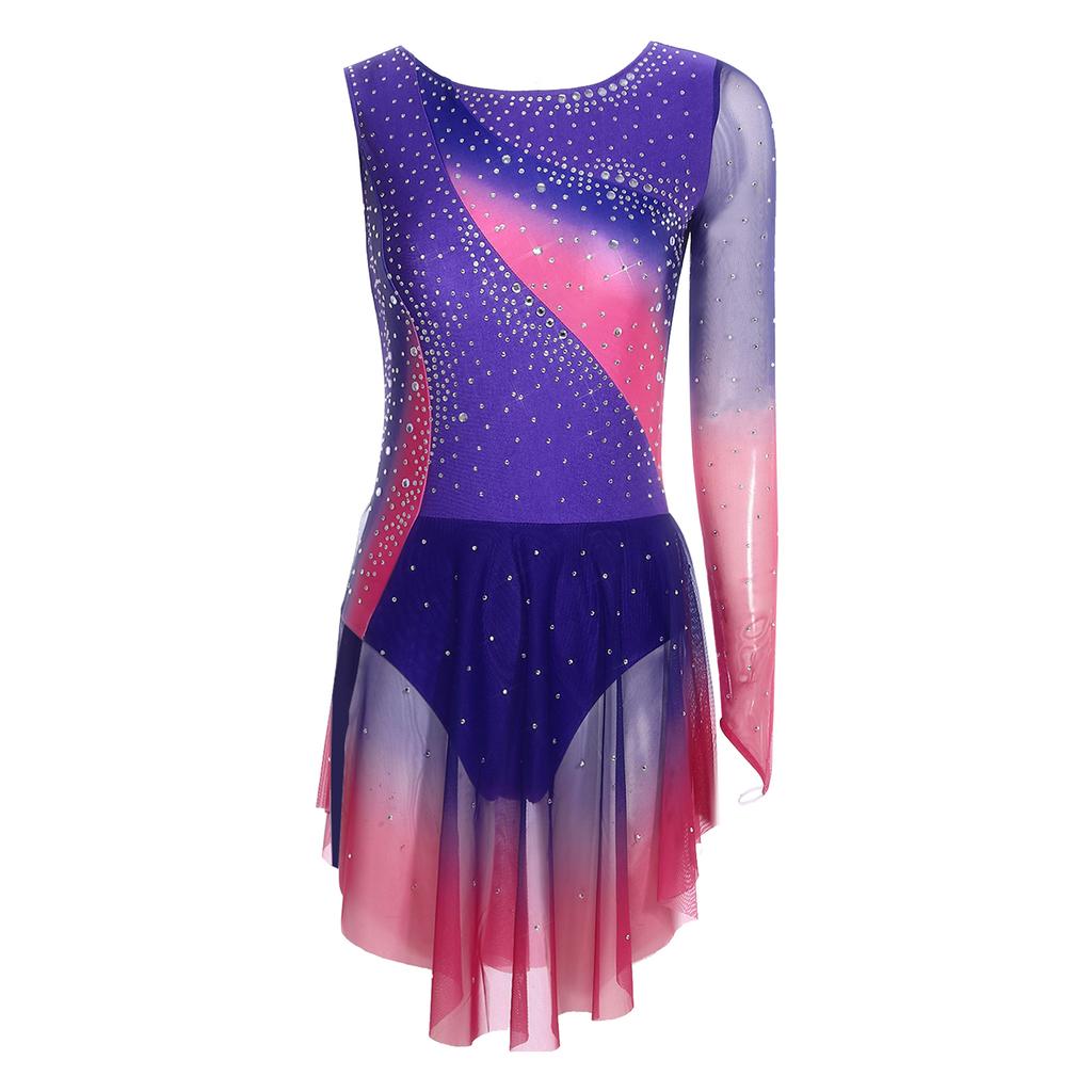 Damen Gradient Leotard Kleid Langarm Ärmellos Strasssteine Unregelmäßiger Netzsaum Eiskunstlauf Ballett Body