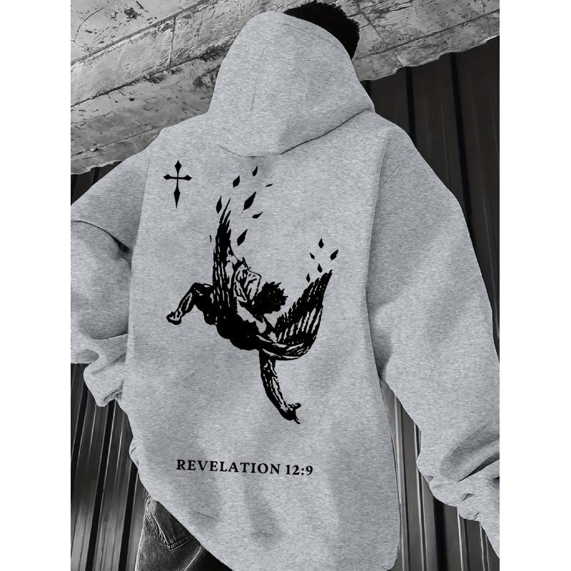 Avrupa Erkek Melek Baskılı Kapüşonlu Polar Sweatshirt - Sonbahar/Kış Günlük Bol Kesim