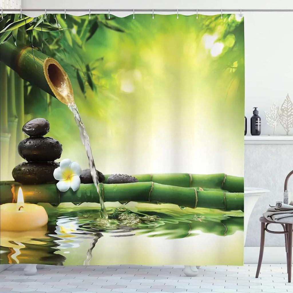 Zen Bamboo Shower Curtain, Waterproof Fabric with Nature Scenes for Relaxing Bathroom Decor, Adds Tranquil Ambiance