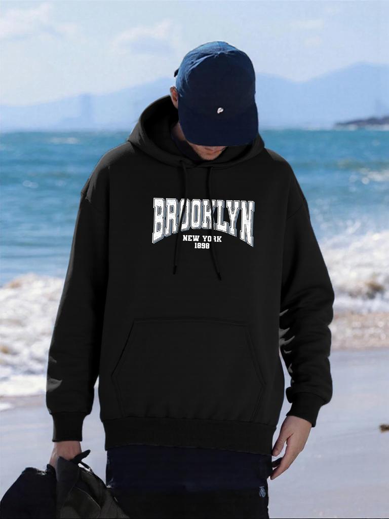 Brooklyn New York Art Letter Pattern Hoody Men Fashion Oversized Hoodie All-Match Fleece Pullover Autumn Pocket Man Streetwears