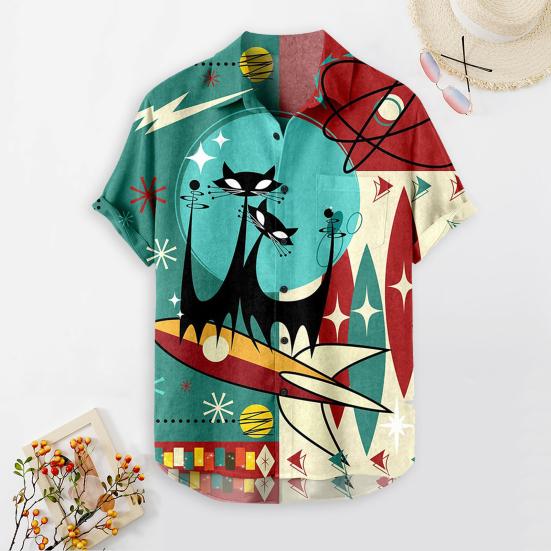 Men Beach Shirt 3D Cartoon Print Color Matching Short Sleeves Single-breasted Cardigan Beachwear Loose Turn-down Collar Summer Vacation Shirt