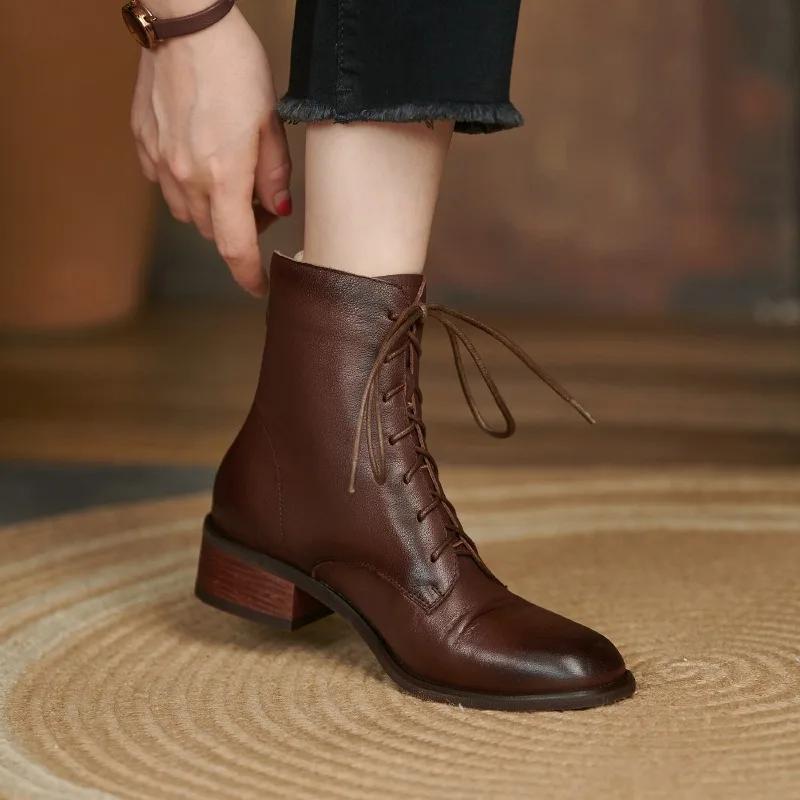 Fashion Autumn New Women's Boot Thick Heel Low Eye Fashion Boots Lacing Up Vintage Short Boots Cowhide Spring And Autumn Single Boots