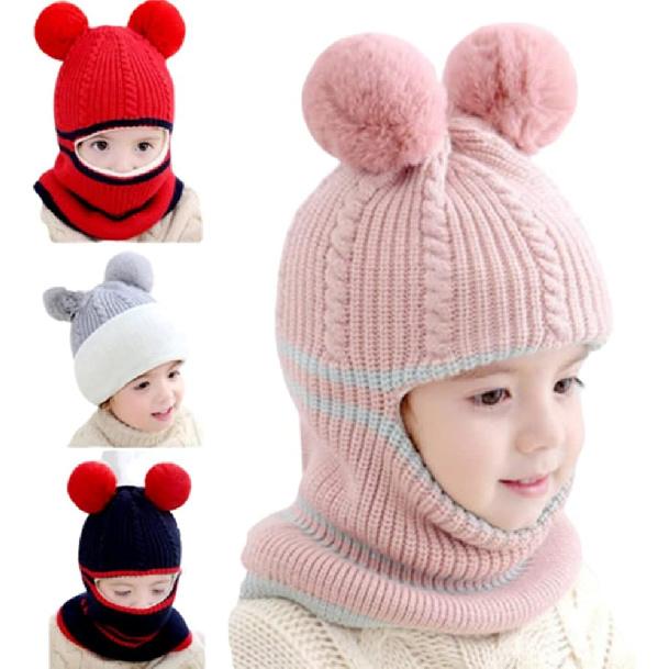 Baby Girls and Boys Winter Warm Knit Caps Scarf Woolen Hood Warm Skull Knit Caps
