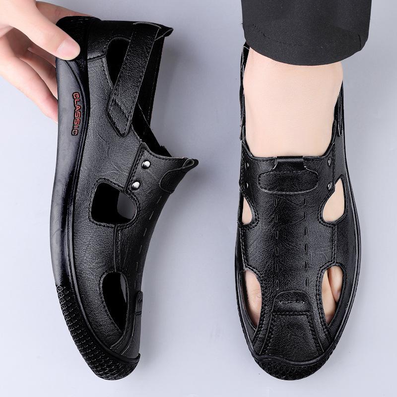 

Men s shoes 2025 summer new outer wear bag head cover foot breathable hollow leather shoes men s non-slip soft sole casual sandals 37