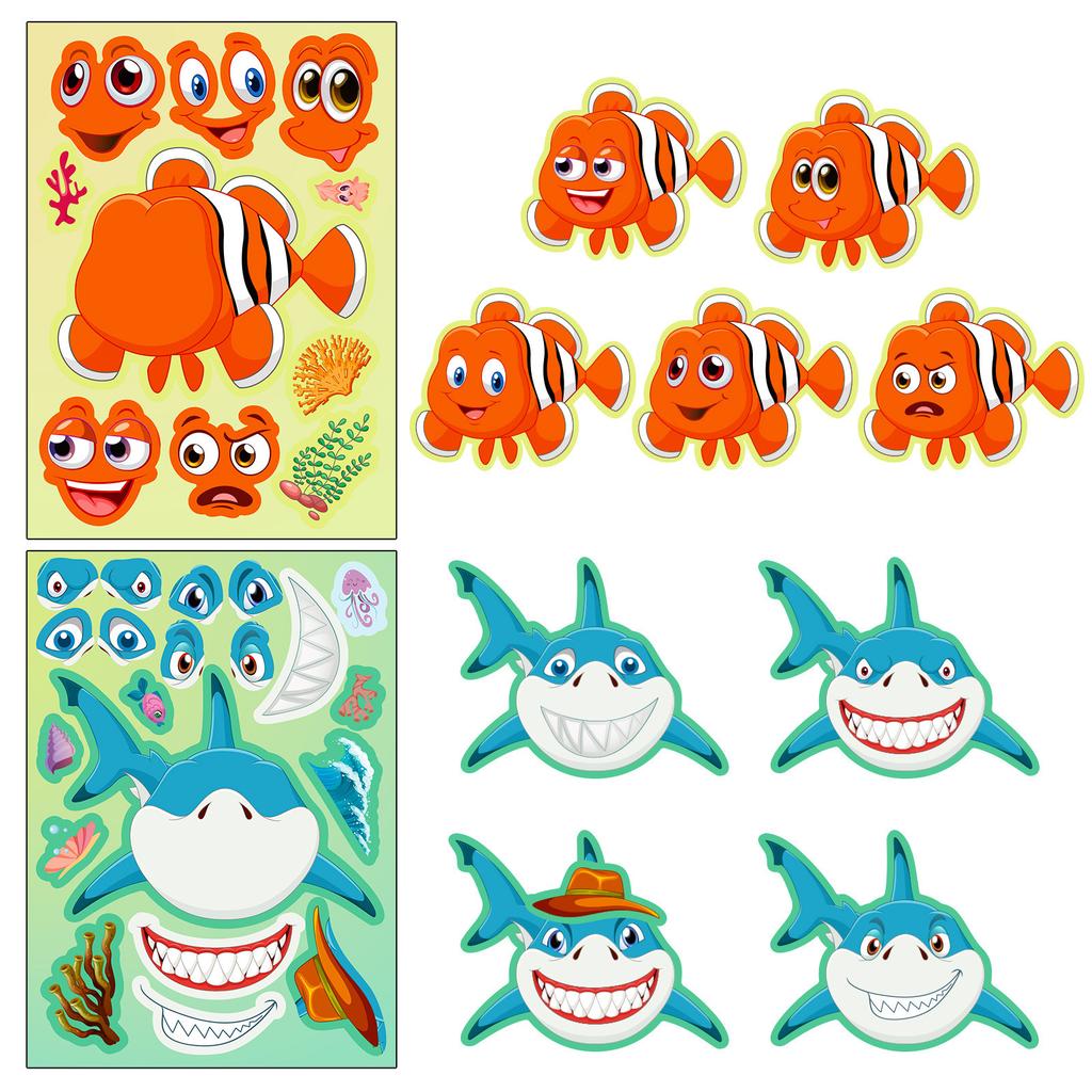 6 Photos/pack of Marine Creatures Cartoon Face Change Stickers Children Toys Elementary School Students Cartoon Cute DIY Puzzles