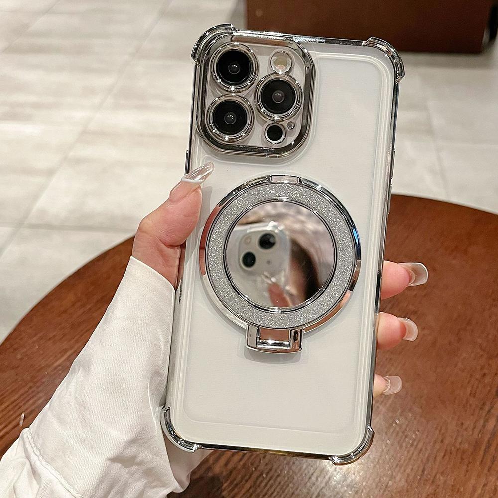 Plating Mirror Holder Stand Soft Silicone Four Corners Air Cushion Shockproof Protection Case for Samsung Xiaomi Poco Redmi