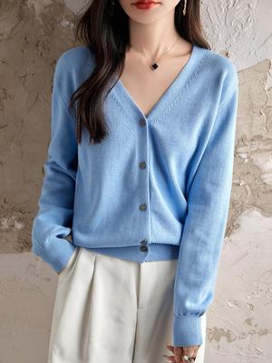 Women's 100% Cotton Knit V-neck Cardigan - Spring/Autumn, Loose Fit, Solid Color, Breathable, High Density, Sun Protection Outerwear.