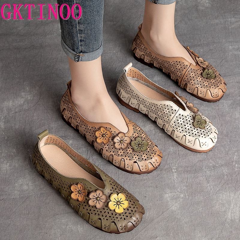 Fashion GKTINOO Women Loafers Genuine Leather Slip on Flowers Handmade Sneakers Ladies Shoes Comfy Fashion Summer Sandals Hollow Flats