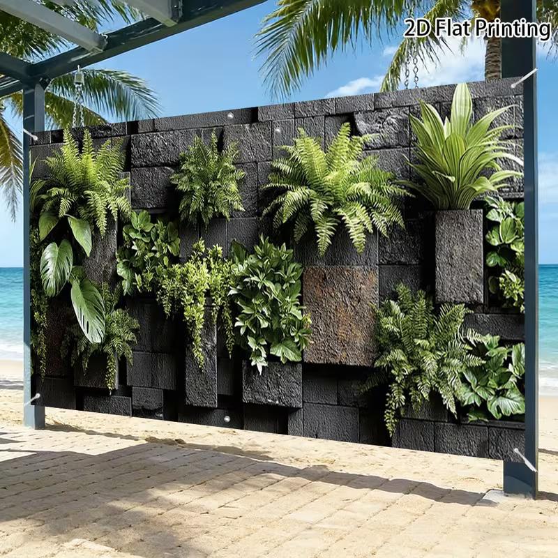 2D Modern Stacked Stone Moss Fern Living Wall Outdoor Decor Backdrop