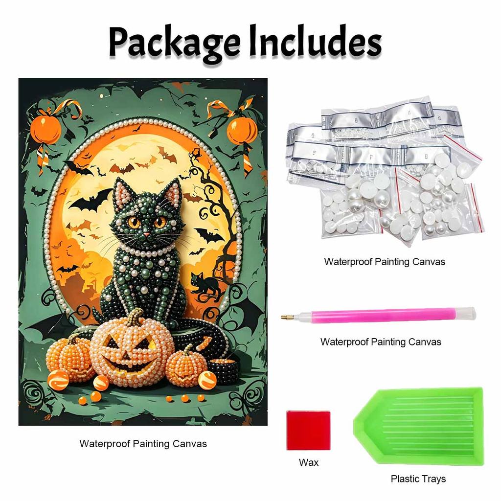 Halloween Black Cat and Pumpkin Pearl Painting Art Full Pearl Handmade Diy Home Decorations
