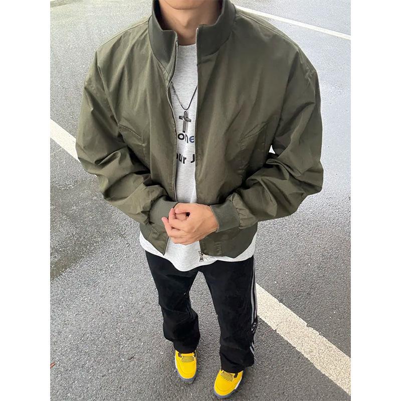 

Army green short stand-up collar flight jacket men s heavy hard baseball jersey American tough guy wear overalls M