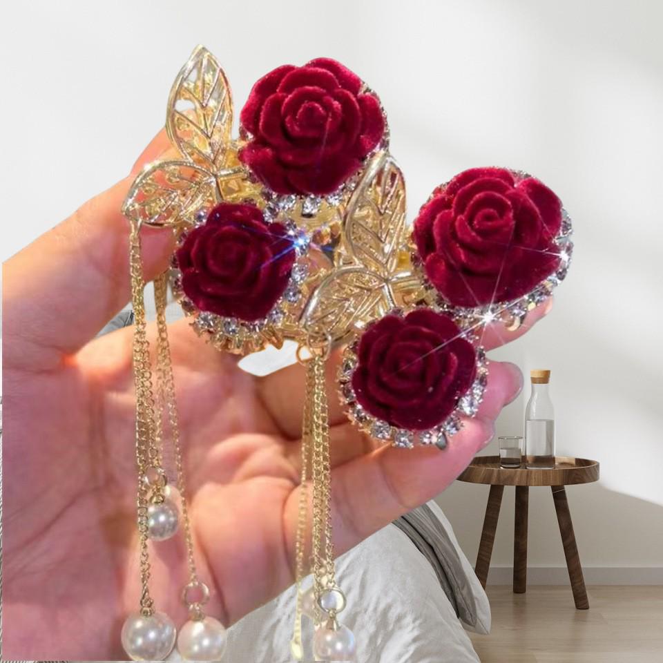 Starry Sky Red Rose Cherry Tassel Claw Clip - New Year Hair Accessory