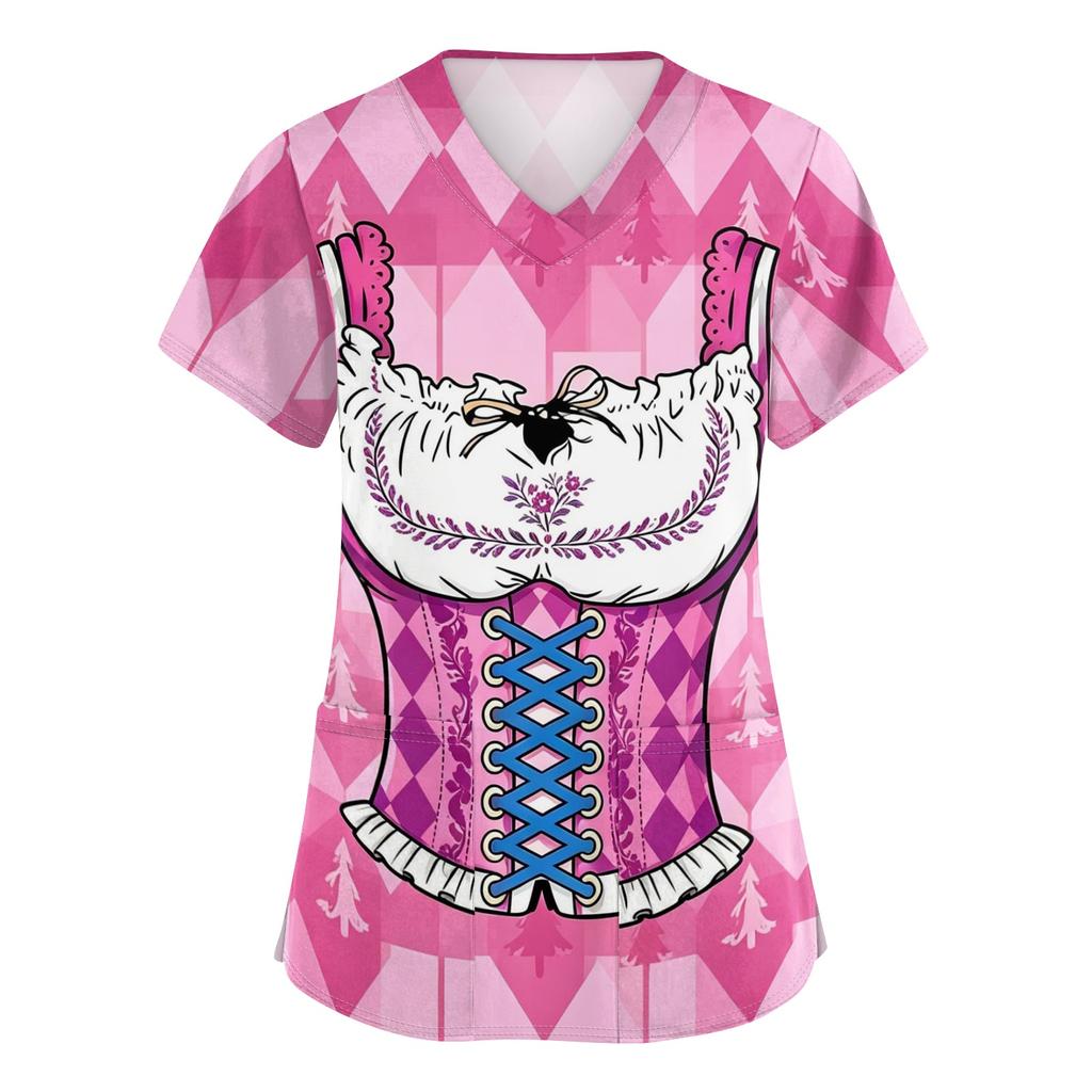Women's V Neck Short Sleeve Work Shirt with Pockets Oktoberfest Print Top Caregiver Uniform Tee for Medical and Hospitality Use