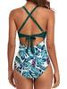 European American Color Block Spliced Cutout One-Piece Swimsuit with Adjustable Cross Tie-Up.