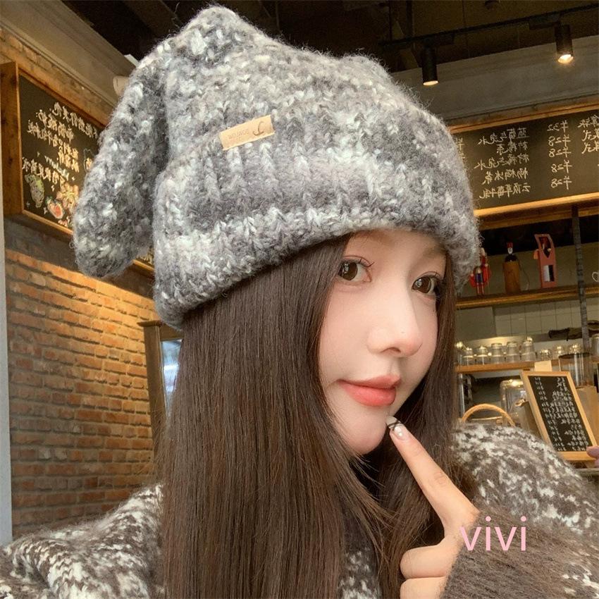 New mixed-color knitted wool hat women's winter warm temperament girl knitted hat cat ear knitted miscellaneous flower hat