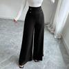 New Women's High Waist Black Straight Wide Leg Pants, Polyester Blend Patchwork Lightweight Trousers for Office & Street Fashion