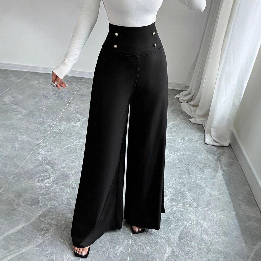 New Women's High Waist Black Straight Wide Leg Pants, Polyester Blend Patchwork Lightweight Trousers for Office & Street Fashion