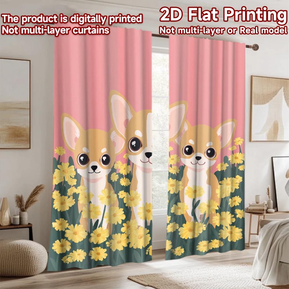 2D flat printing 2pcs Party Curtains Chihuahua Spring Flower Cute Dogs Digital Printed Polyester Drapes Family Party Decoration