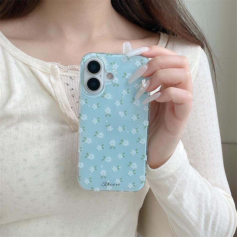 High-End Floral Full-Screen Case with Blue Background for iPhone 17/16 Pro Max/15/14